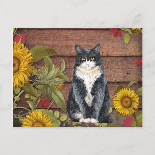 Postal Festiva Den gracias al gato y los girasoles en otoño mader