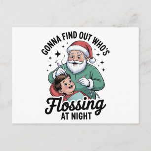 Postal Festiva Dentista Santa usando hilo dental por la noche Nav