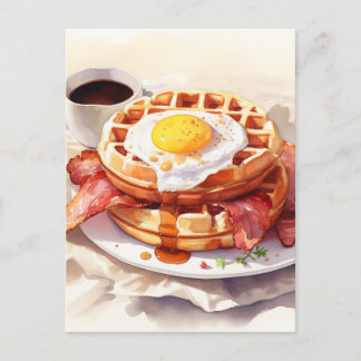Postal Festiva Desayuno Huevo Waffle Bacon Café Alimento