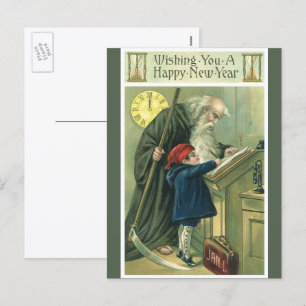 Postal Festiva Deseándole un Feliz Año Nuevo, Padre Tiempo Vintag
