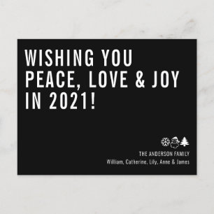 Postal Festiva Deseándote paz amor alegría 2021 Año Nuevo Negro