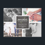 Postal Festiva Deseos Cálidos Besos Navideños | Muérdago Gracias<br><div class="desc">Tarjeta combinada para agradecimiento de boda y Navidad,  con espacio para cuatro fotos. En el medio,  una etiqueta impresa para parecer grano de madera,  decorada con "Deseos cálidos y besos navideños",  en blanco con ramitas de muérdago.</div>