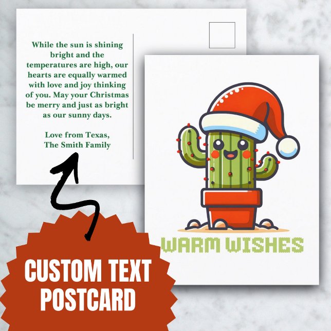 Postal Festiva Deseos cálidos Cactus de Santa Navidades (Warm Wishes Cute Santa Christmas Cactus Holiday Postcard)