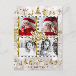 Postal Festiva Deseos Cálidos Dorado y Blanco Brillo Navideño 4 F