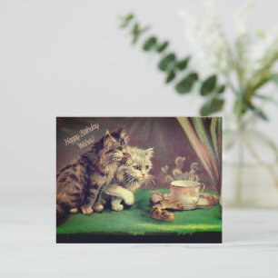 Postal Festiva Deseos de cumpleaños de gatos vintage de té  TARJE