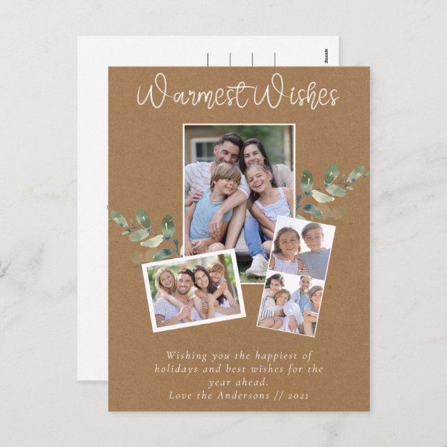 Postal Festiva Deseos más Cálidos Collage de Fotos Kraft Eucalipt (Anverso / Reverso)