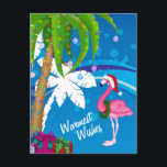 Postal Festiva Deseos más cálidos Palm Trees Flamingo Beach Navid<br><div class="desc">Esta postal de vacaciones de Warmest Wishes cuenta con palmeras decoradas con luces de Navidad y un flamingo con un sombrero Santa colocado sobre un fondo fresco de playa abstracto azul y blanco. Saludos ~ Deseos más cálidos por los más fríos de Yules Algunos gráficos de arte y@delightful-doodles.com</div>