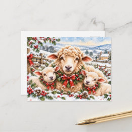 Postal Festiva Deseos Navideños Lanudos: Ovejas y Corderos Festiv