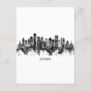 Postal Festiva Detroit Michigan Skyline BW