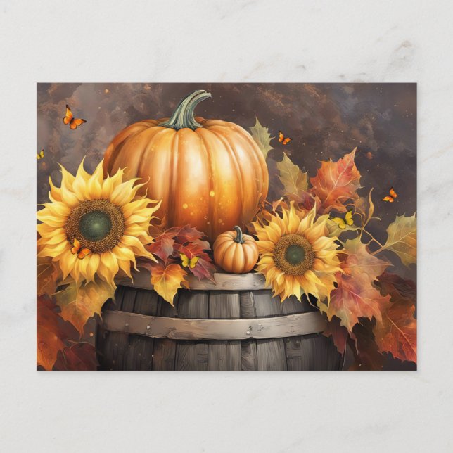 Postal Festiva Día de Acción de Gracias Calabaza Follaje Otoñal F (Anverso)