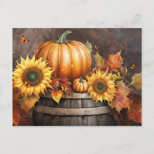Postal Festiva Día de Acción de Gracias Calabaza Follaje Otoño Fi