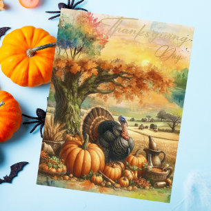 Postal Festiva Día de Acción de Gracias Nostálgico Calabaza y Pav