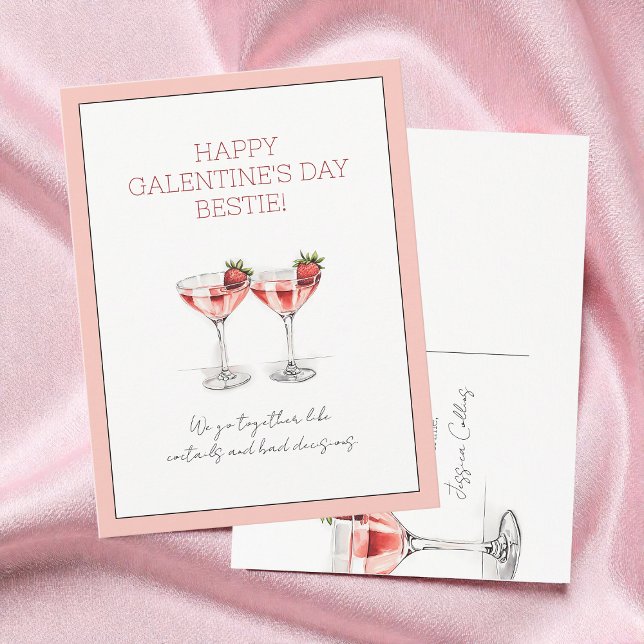 Postal Festiva Día de Galentine de Fresa Rosa Cute Martini (Cute Pink Strawberry Martini Galentine's Day Holiday Postcard)