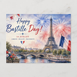 Postal Festiva Día de la Bastilla Torre Eiffel Río Sena fuegos ar