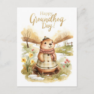 Postal Festiva Día de la marmota acuarela