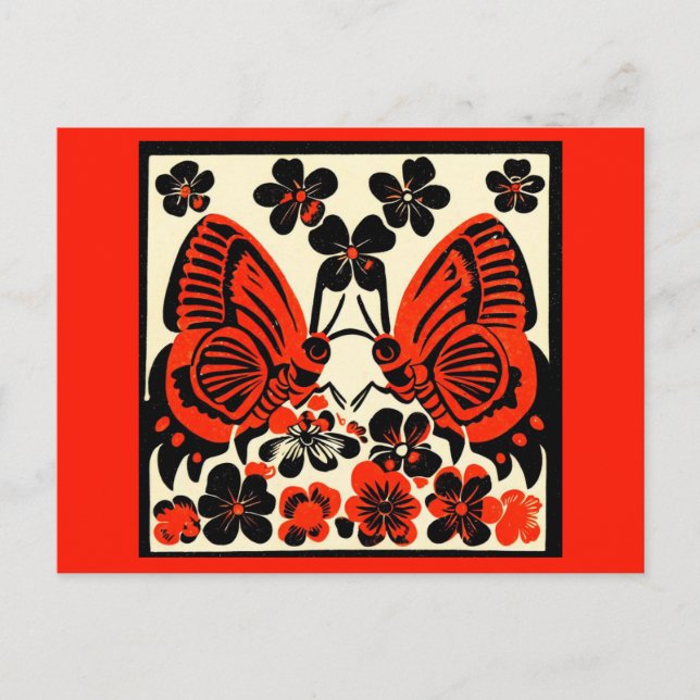 Postal Festiva Día de las Mariposas Muertas Woodcut 3 (Anverso)