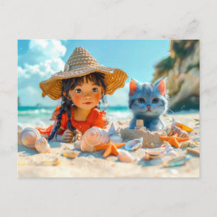 Postal Festiva Día de playa con conchas y un gato
