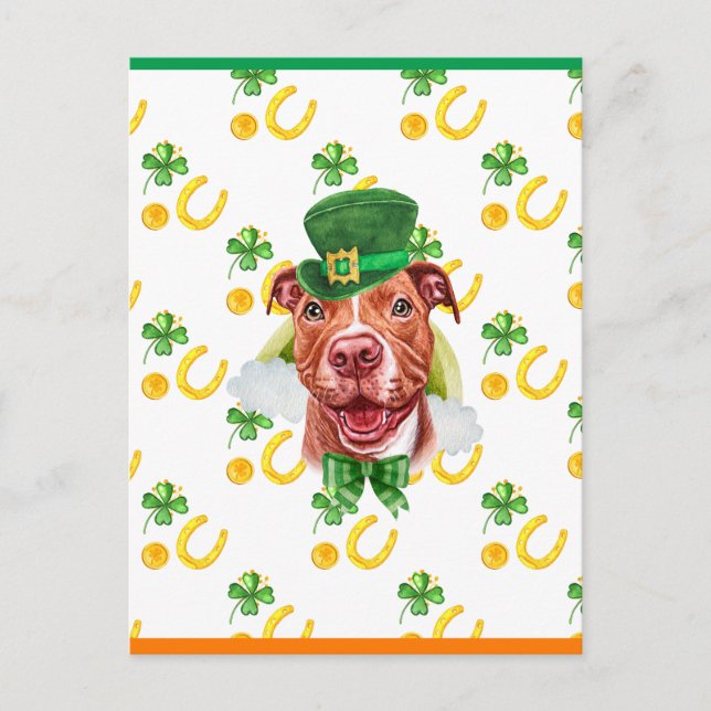 Postal Festiva Día de San Patricio divertido Pitbull Shamrock (Anverso)