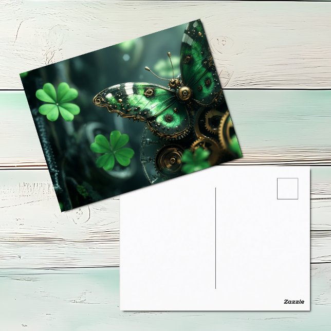 Postal Festiva Día de San Patricio Mariposa Steampunk (Steampunk Green Butterfly St. Patrick's Day postcard)