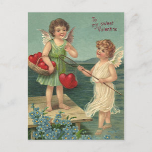 Postal Festiva Día de San Valentín antiguo, ángeles pescando cora