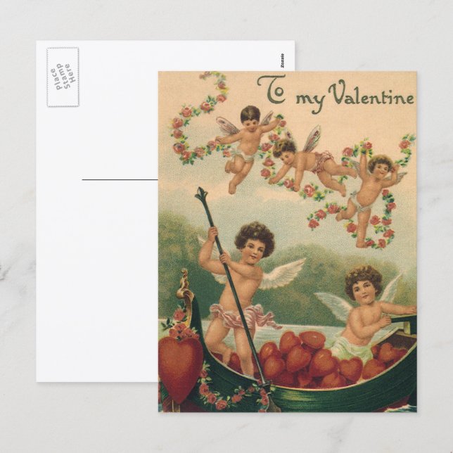 Postal Festiva Día de San Valentín antiguo, querubines victoriano (Anverso / Reverso)