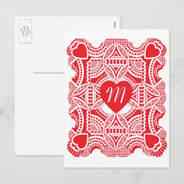 Postal Festiva Día de San Valentín antiguo, recorte de corazones  (Anverso / Reverso)
