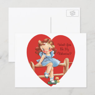 Postal Festiva Día de San Valentín Antiguo y Bonito, Niña en una 