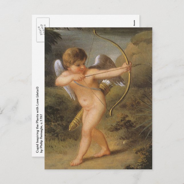 Postal Festiva Día de San Valentín de cosecha, cupido con arco y  (Anverso / Reverso)