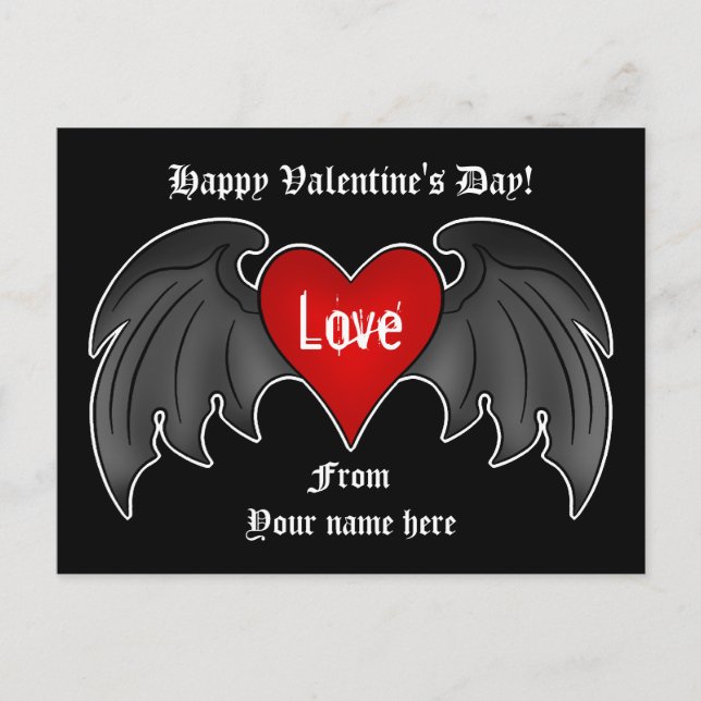 Postal Festiva Día de San Valentín del corazón alado gótico (Anverso)