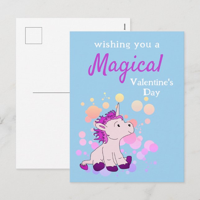 Postal Festiva Día de San Valentín mágico de Unicornio rosa (Anverso / Reverso)