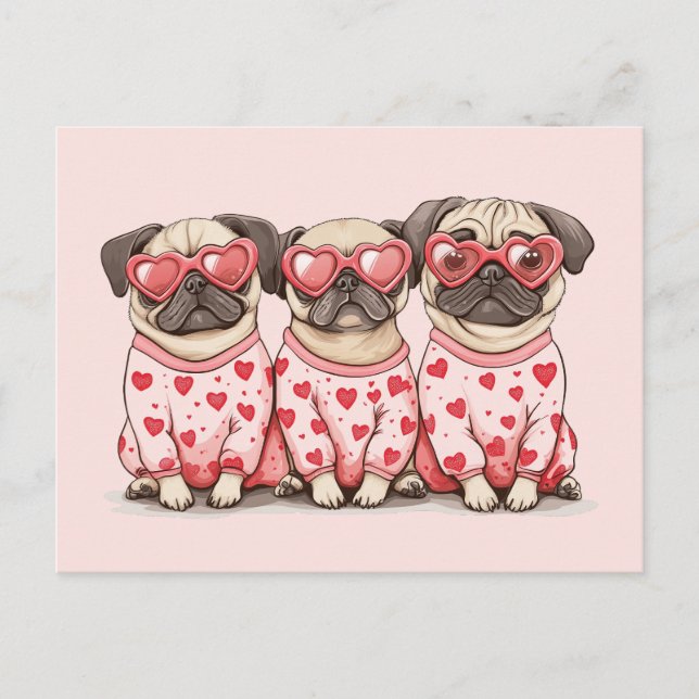 Postal Festiva Día de San Valentín Perros Pug (Anverso)