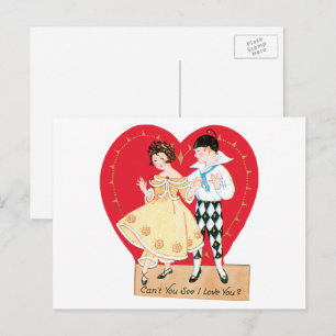 Postal Festiva Día de San Valentín Retro, Arlequín y Corazón Vint