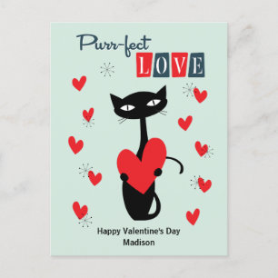 Postal Festiva Día de San Valentín Retro Mid Century Cat