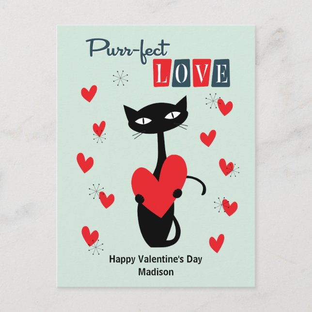Postal Festiva Día de San Valentín Retro Mid Century Cat (Anverso)