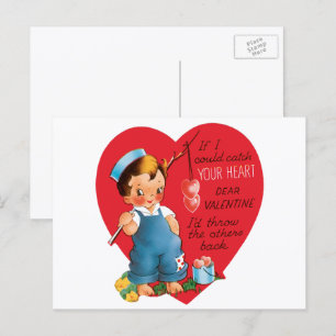 Postal Festiva Día de San Valentín Retro, Niño Antiguo Pescando C