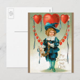 Postal Festiva Día de San Valentín victoriano vintage, niño con c