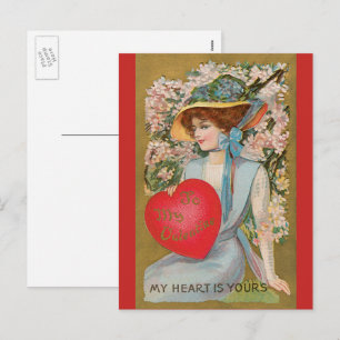 Postal Festiva Día de San Valentín Vintage, Dama Victoriana con C