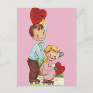 Postal Festiva Día de San Valentín Vintage de Patinaje sobre Rued