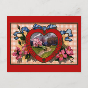 Postal Festiva Día de San Valentín vintage saluda corazón y flore