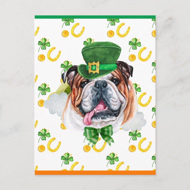 Postal Festiva Día del Bulldog inglés Shamrock St Patricks (Anverso)