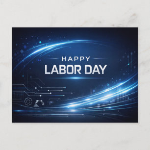 Postal Festiva Día del Trabajo Azul Futurista Feliz