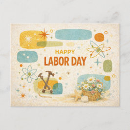 Postal Festiva Día Feliz del Trabajo Edad Atómica Retro