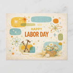 Postal Festiva Día Feliz del Trabajo Edad Atómica Retro