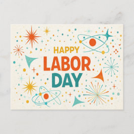 Postal Festiva Día Feliz del Trabajo Retro Atómico