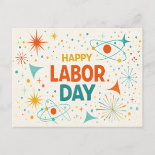 Postal Festiva Día Feliz del Trabajo Retro Atómico