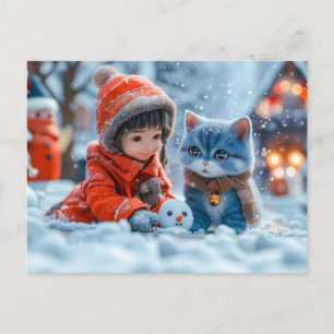 Postal Festiva Día Mágico de Invierno con Niña y Gato