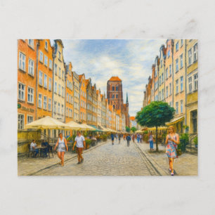 Postal Festiva Dibujo al pastel de la calle Mariacka de Danzig en