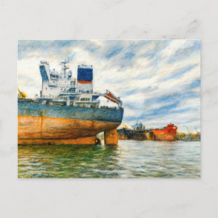Postal Festiva Dibujo al pastel de un buque de carga en el puerto