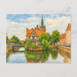 Postal Festiva Dibujo al pastel del antiguo molino de Danzig en R