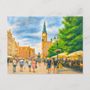 Postal Festiva Dibujo al pastel del Mercado Largo de Danzig con i